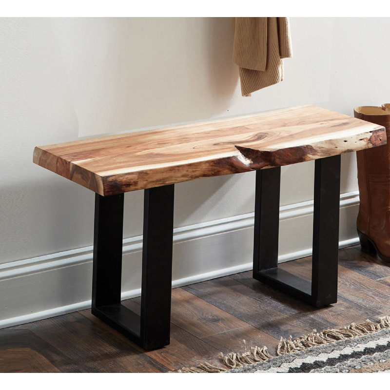 Berrin 36" Live Edge Solid Acacia Wood Bench with Black Metal Legs