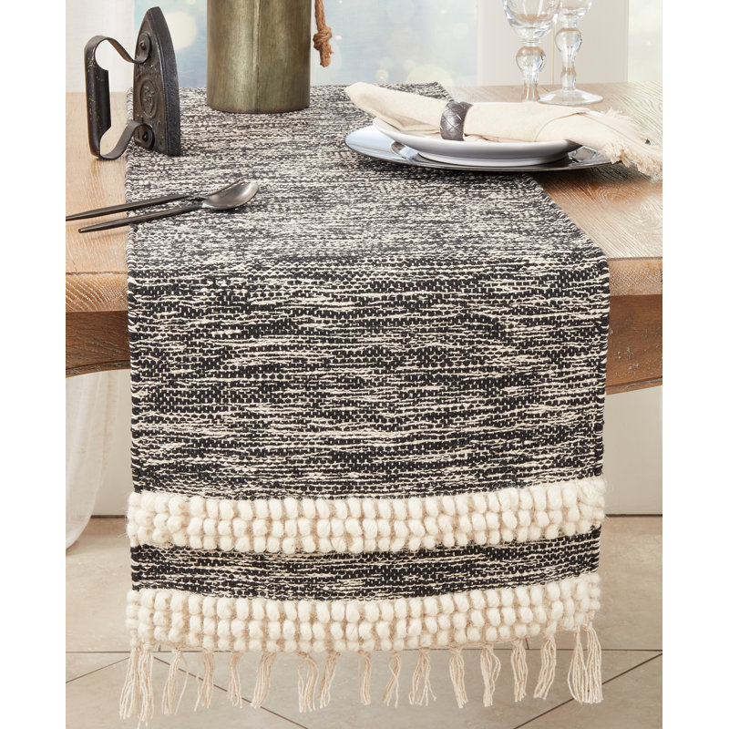 Boho Fringe Pom Pom Stripe Cotton Table Runner
