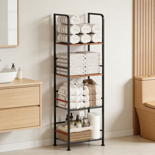4-Tier Free Standing Towel Rack With Detachable M-Shaped Dividers, Durable Metal And Wood Bathroom Storage Organizer, Space-Saving Towel Holder For Bathroom And Poolside