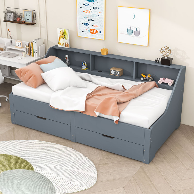 Faccone Twin Size Wood Daybed with Twin Size Trundle and Drawers, Gray