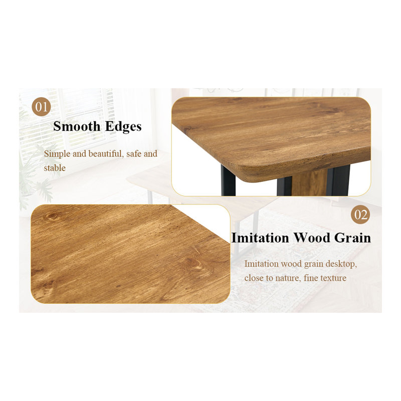 Ensemble de table et de chaises Ensemble de table de salle à manger en bois aggloméré texturé 67 po x 36 po avec chaises en tissu brun. Autocollant MDF, autocollant texturé de couleur bois, pieds de chaise de salle à manger en C noir, convient à la