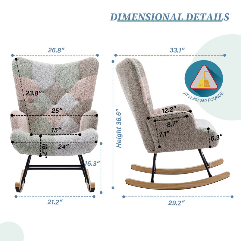 Jonan Upholstered Velvet Rocking Chair with Sturdy Wood Base, Green/Pink/Brown