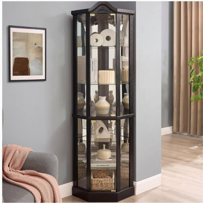 Vitrine de coin vitrée éclairée avec tablettes réglables et armoire à vin en cerisier sculpté pour la maison ou le bureau - Noir