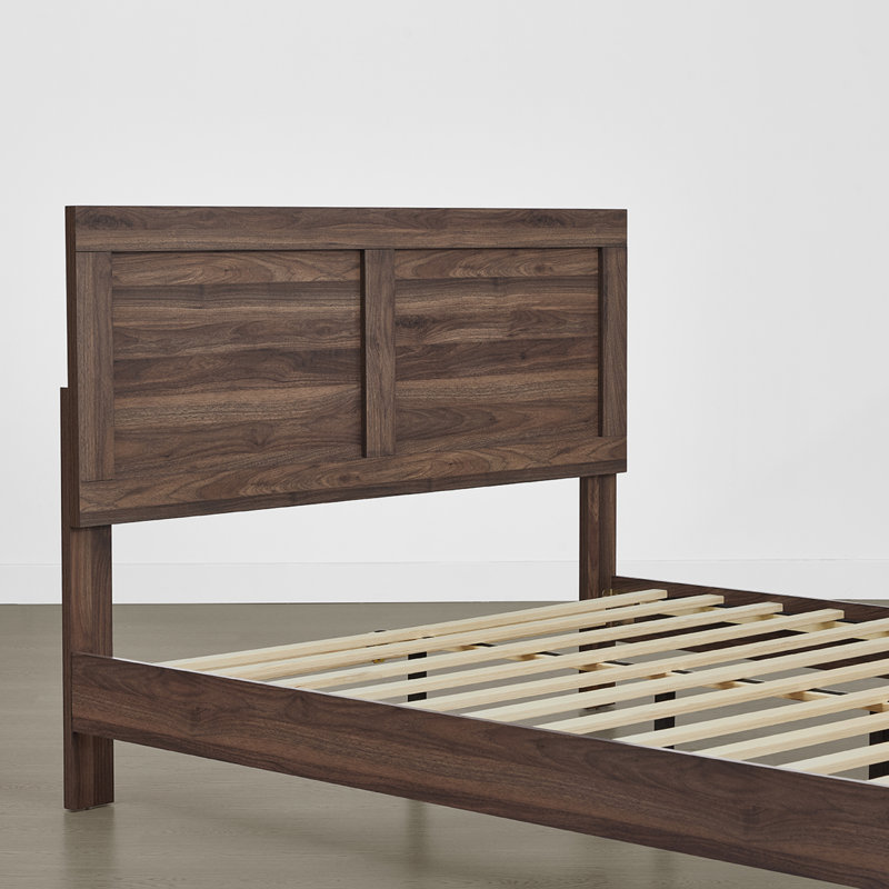 Farmhouse High Headboard Wood Platform Bed, Walnut, Full / Double