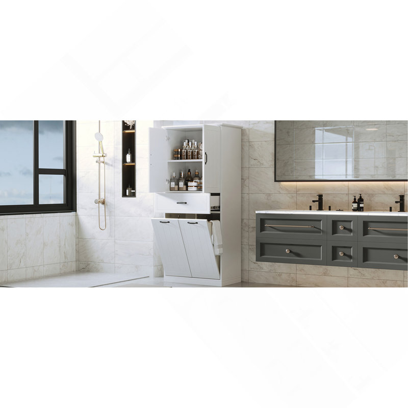 Bathroom Storage Cabinet with Two Laundry Baskets, Storage Cabinet with Doors and Drawer for Home, White, White
