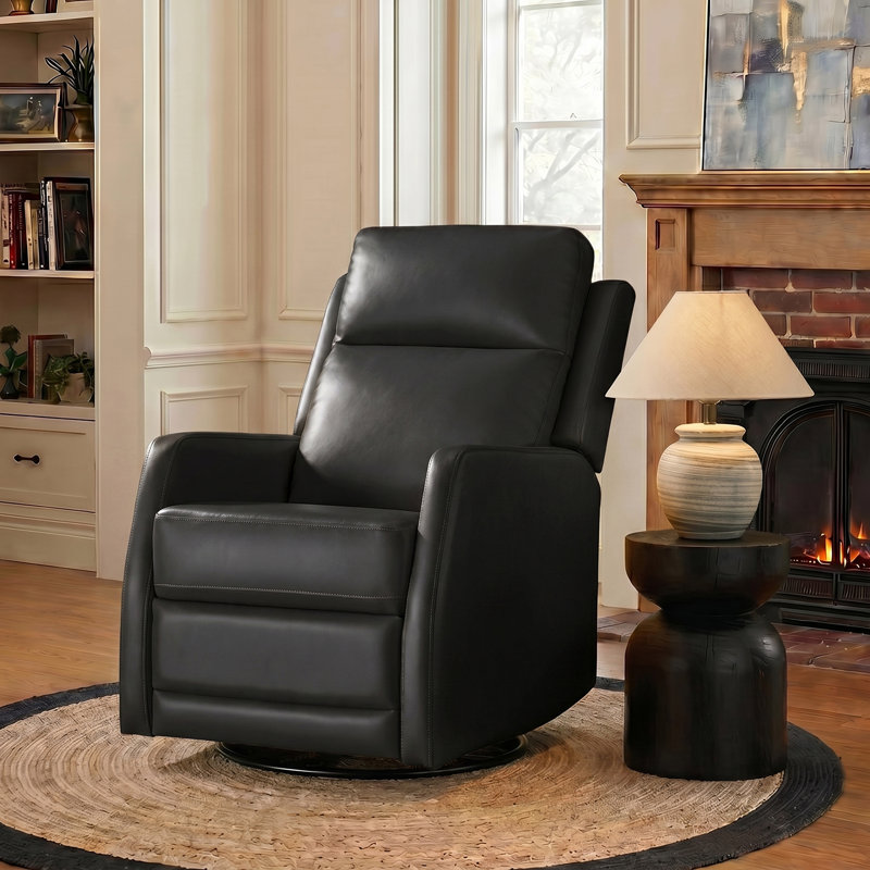 McGuffey Faux Leather Swivel Rocker Recliner with Metal Base, Black Pebbled Faux Leather