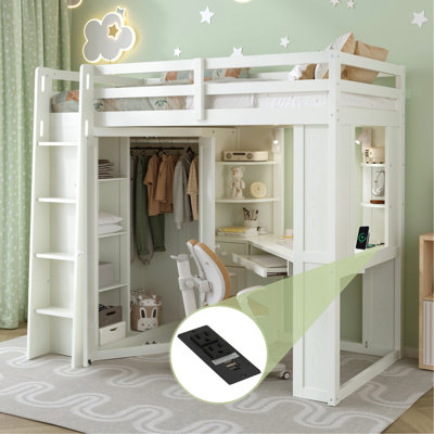 Twin Size Loft Bed With Integrated Large Wardrobe And Desk, All-In-One Space-Saving High Bed With Pull-Out Keyboard Tray, Charging Station And Dual Metal Spotlights-Beige White