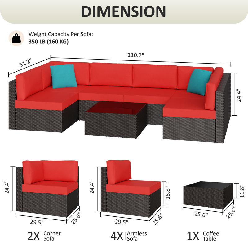 Modular 7 Piece Outdoor Rattan Seating Set For Patio Furniture, Red
