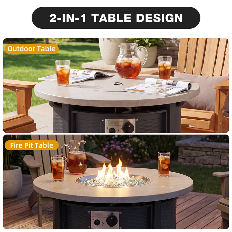 2 in 1 Outdoor Round Propane Fire Pit Table, 50000 BTU, Black, Beige