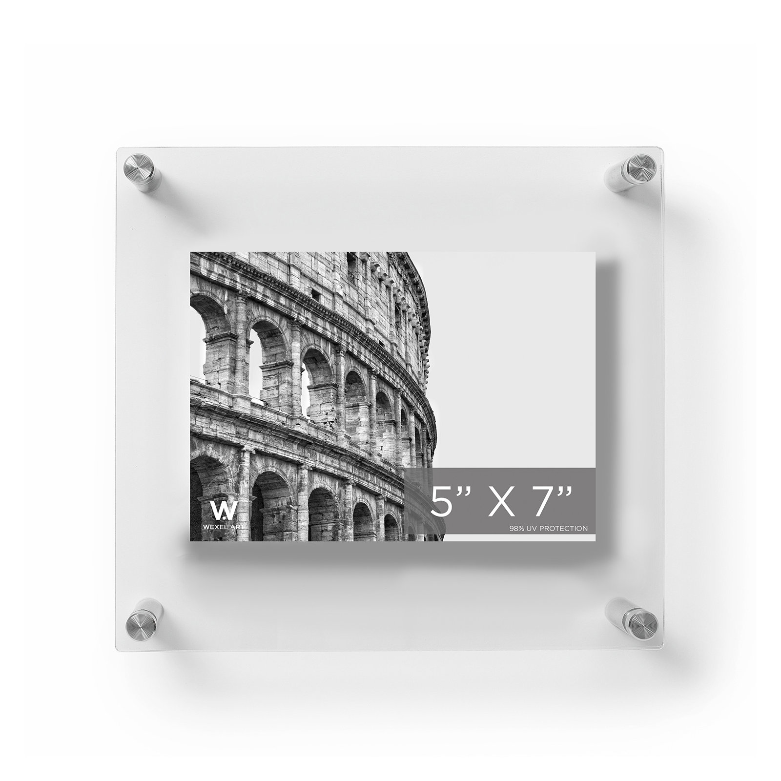Clear UV-Grade Acrylic Modern Floating Picture Frame, Silver, 4" W x 6" H -  5" W x 7" H