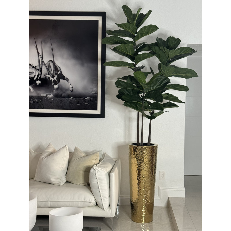 Fiddle Faux Fiddle Leaf Fig Tree in Metal Planter, 96" H x 42" W x 28" D, Gold