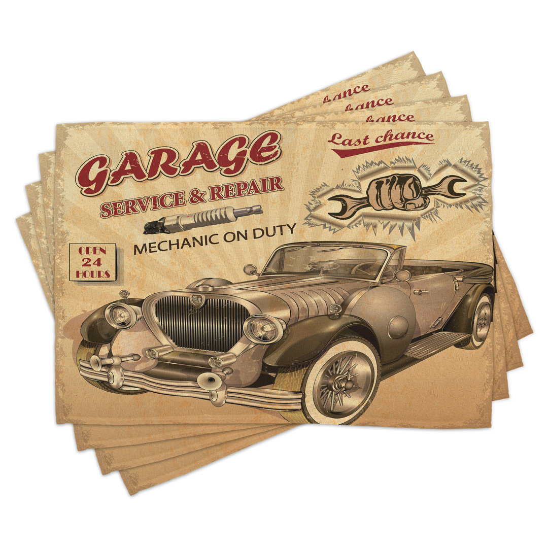 Platzdeckchen 4er Set, Old Style Car Repair, Sepia Rot