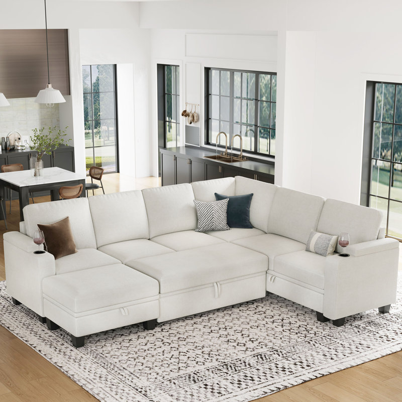 Canapé-lit modulaire avec rangement en U en chenille Penforma Chenille, Chenille beige