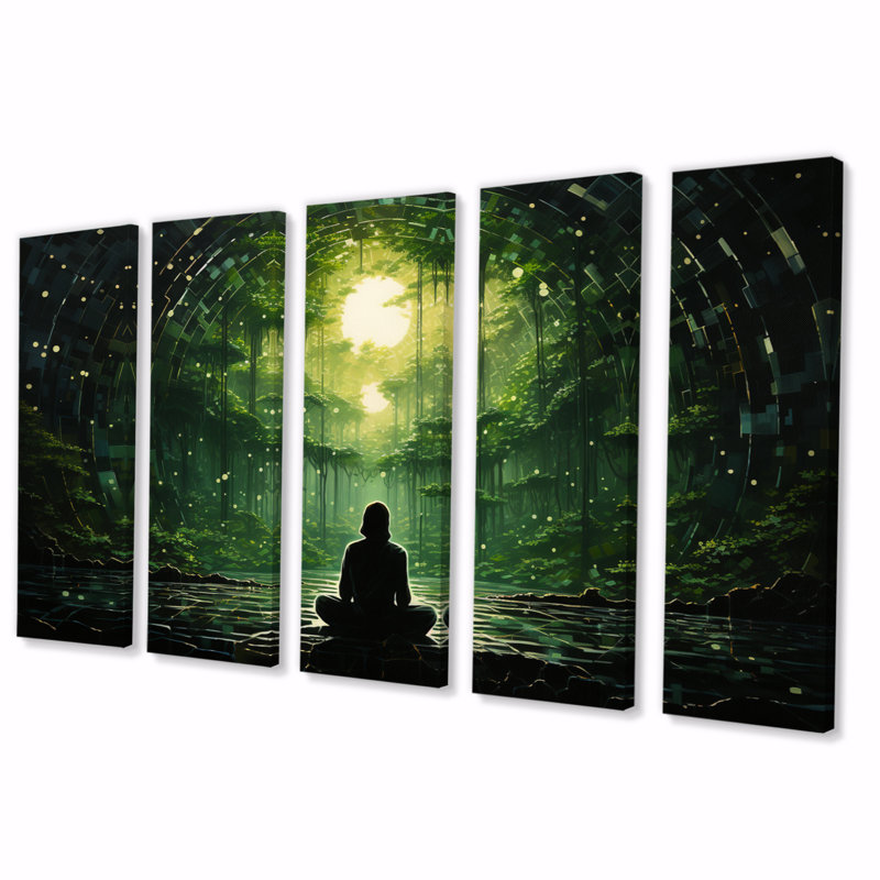 Vert noir, yoga dans la forêt tropicale - reproduction d'art sur toile - 5 panneaux égaux