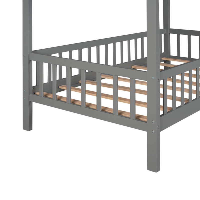 Wood House Bed With Fence, White/Gray, Twin