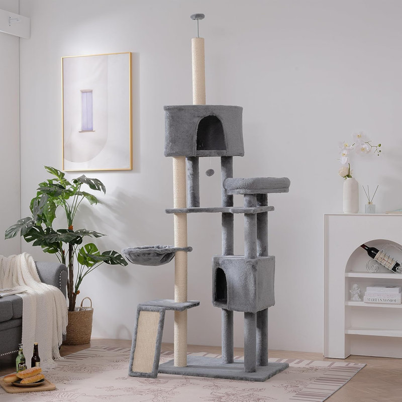 105" Grey Multi-Level Cat Tree with Perches, Caves & Scratching Board – Indoor Cat Tower Furniture