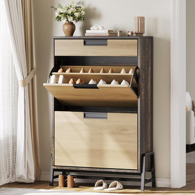 Shoe Storage Cabinet with 2 Flip Drawers, Freestanding Narrow Hidden Entryway Shoe Organizer for Entryway, Foyer, Hallway and Living Room