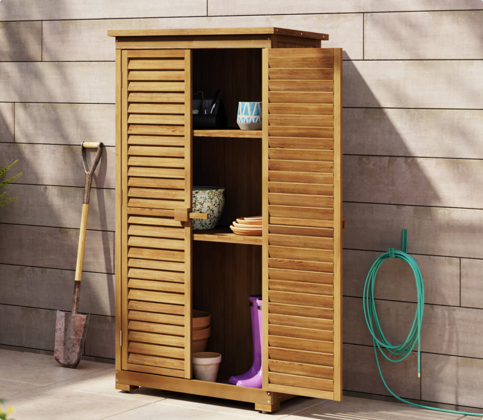 Outdoor storage cabinet with louvered doors open to reveal shelves.