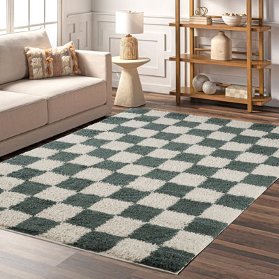 Chester Living Room Shaggy Area Rug Modern - Contemporary Checkered Design 30Mm Plush Pile Jute Backing Soft Woven Carpet -Hallway Indoor Rug, Jade Green