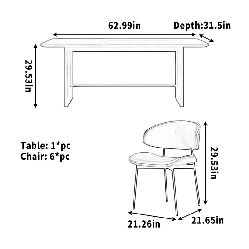Table de salle à manger simple en bois massif rectangulaire, 7 pièces : table, 6 chaises, H 29,53 po x l 62,99 po x P 31,5 po
