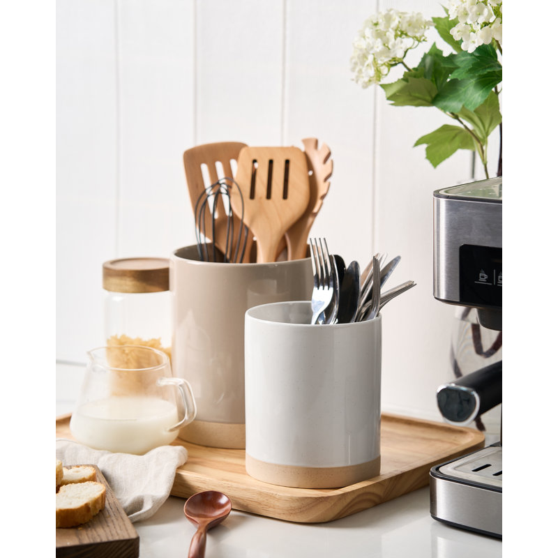 Latitude Run® Stoneware Utensil Crock (Set of 2), Cinnamon Brown/White