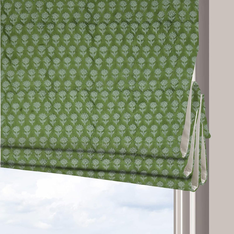 Fabdivine Hand Block Printed Floral Green Linen Roman Shade for Windows, 100% Blackout Room Darkening, Ideal for Kitchen, Bedroom, Living Room, and French Door Treatments, Jasmine