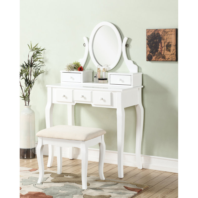 Wood Make-up Vanity Desk And Stool, White - 5 Drawer Storage & Adjustable Oval Mirror For Beauty Care Table Stool By Swivel Drawers Makeup