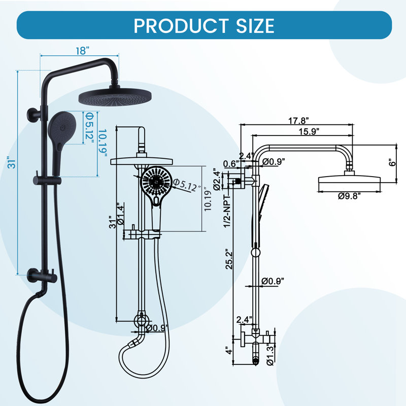 10'' Rain Shower Head with 3-Function Handshower,Dual Shower Combo with Height Adjustable Holder