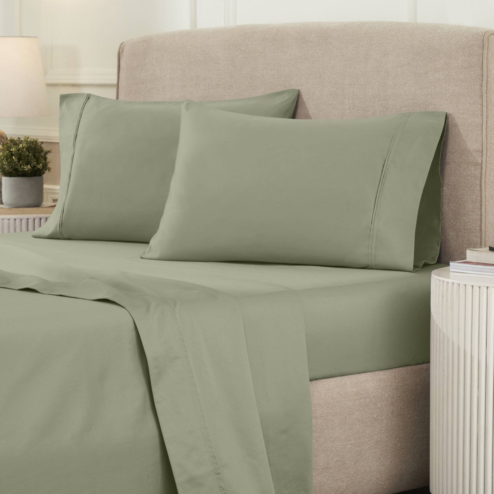 Mellark Cotton Sheet Set, Sage, King Sheet Set with 2 Pillowcases