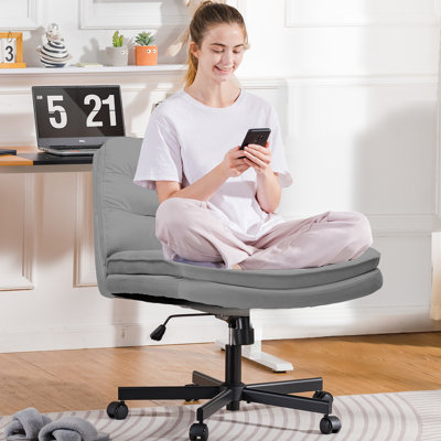 Criss Cross Chair With Wheels, Armless Wide Cross Legged Moisa Mid Back, Modern Home Office Desk Chair Swivel Adjustable Vanity Computer Chair by George Oliver