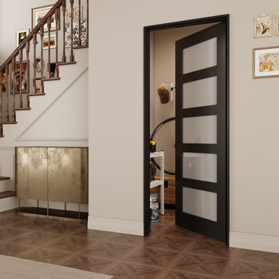 Intérieur avec cadre noir 5 portes et porte en verre givré, porte pré-montée en panneau de fibres à densité moyenne CARB P2 avec verre trempé de type GSC, avec trousse de joint, bande d'étanchéité, charnières noires et à droite, préfini et résistant aux égratignures, garde-manger, chambre à coucher, salle de bain et garde-robe , 28 po x 80 po