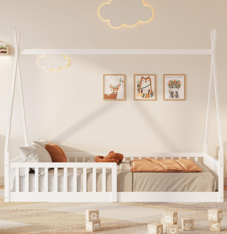 Lit simple en bois Wood House Fence, Blanc