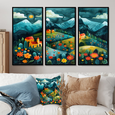 «Blue Red Summer Mountain Village Dream», ensemble d'art mural