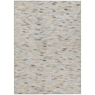 10' X 14' Linen And Gray Geometric Washable Indoor Outdoor Area Rug