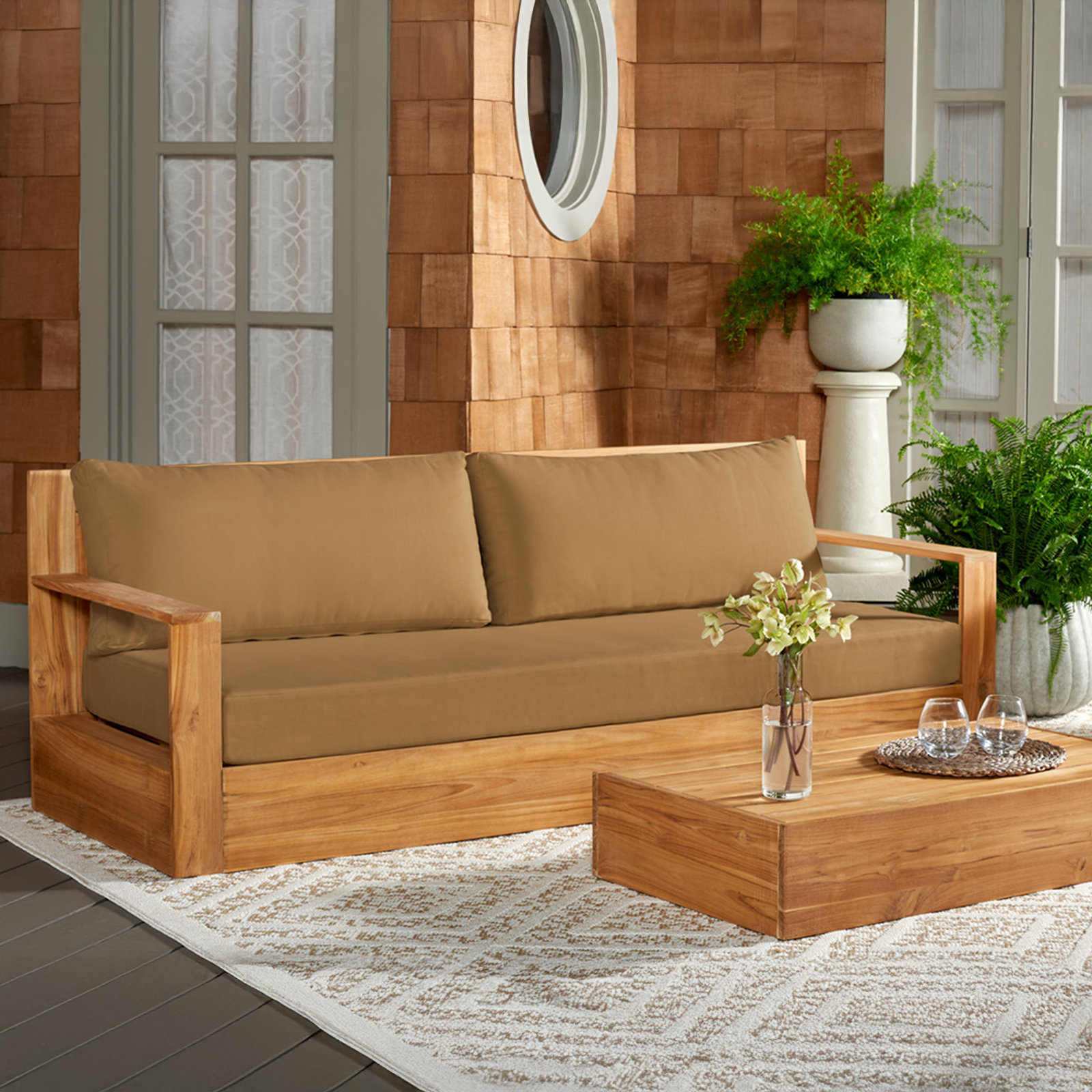 Azul 79.9'' Wide Straight Teak Loveseat with Cushions, Brown