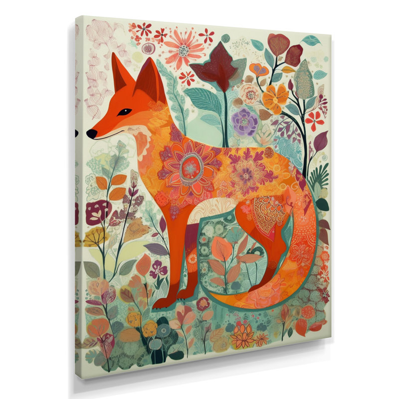 Boho renard dans une forêt de fleurs, H 44 po x l 34 po, Toile tendue