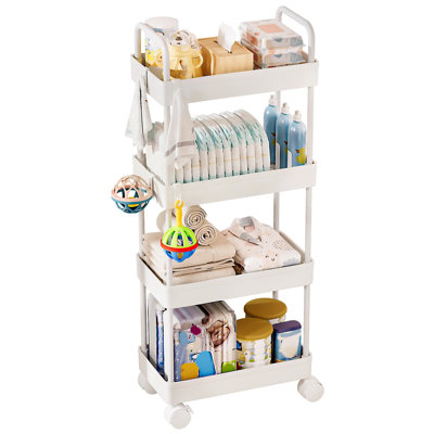 Homde 4 Tier Rolling Utility Cart, Mobile Storage Cart with Lockable Caster Wheels, Handle & Hooks, White