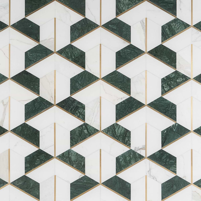 Decade Polished Marble And Brass Mosaic, Verde