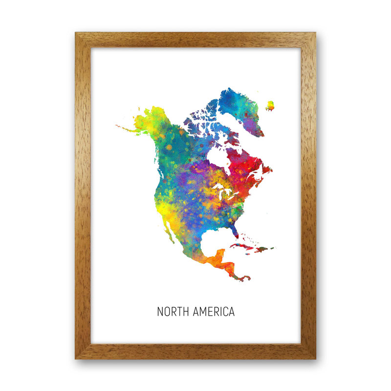 North America Watercolour Map by Michael Tompsett - 1 Piece Wall Art, 46cm H x 34cm W x 3cm D, Brown Framed