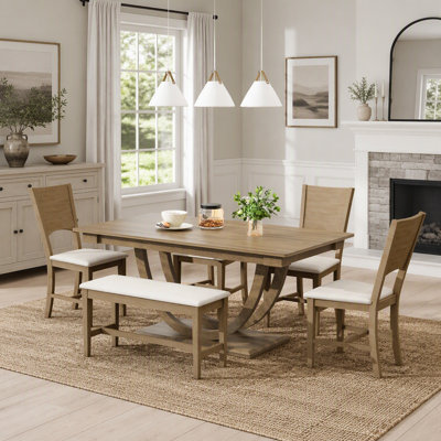 6-Piece Solid Wood Half Round Dining Table Set with Padded Chairs and Bench, Modern and Traditional Design