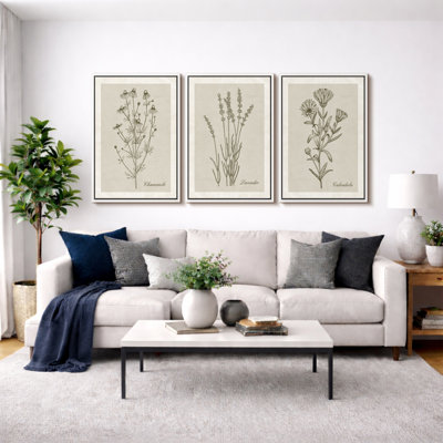 Minimal Botanical "Green Wildflower Modern Artwork, Simple Minimalist Floral Wall Pictures, Framed Canvas Giclée Print 3 Pieces Wall Art" 16"x24"x3 pcs, 24"x36"x3 pcs