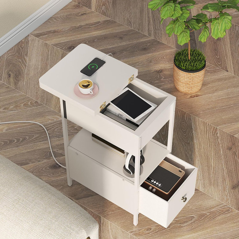 End Table With Charging Station, Narrow Side Table With Flip Top Cabinet And Fabric Drawer, Nightstand Bedside Tables For Small Spaces, Bedroom, Living Room
