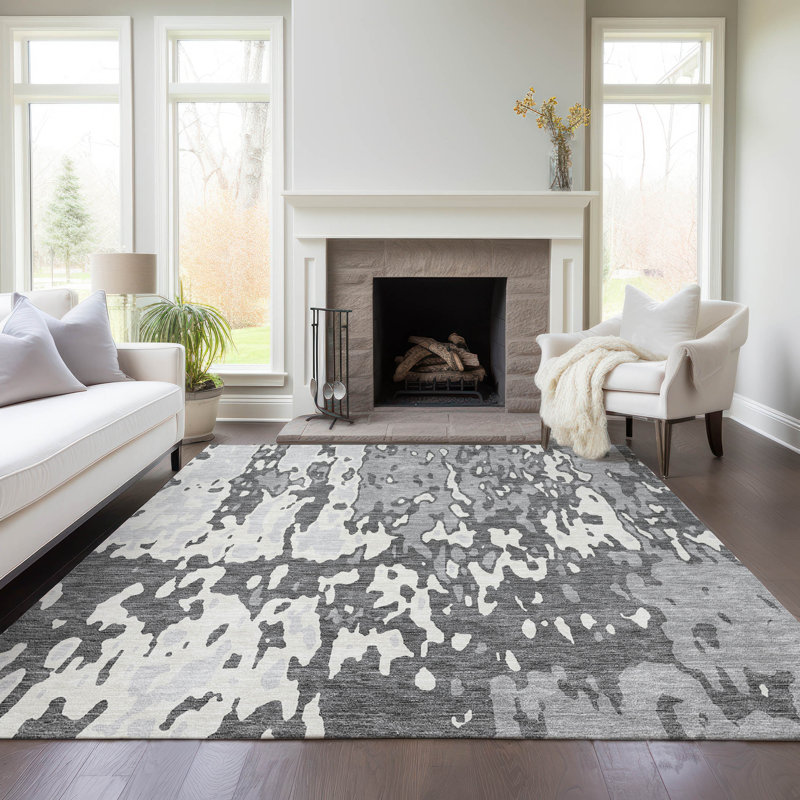 Gray Rectangular Machine-Washable Non-Slip Indoor/Outdoor Rug