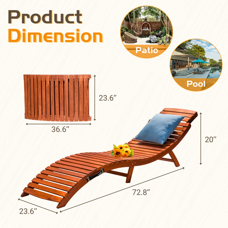 Judner 72" Long Acacia Foldable Single Chaise Lounger