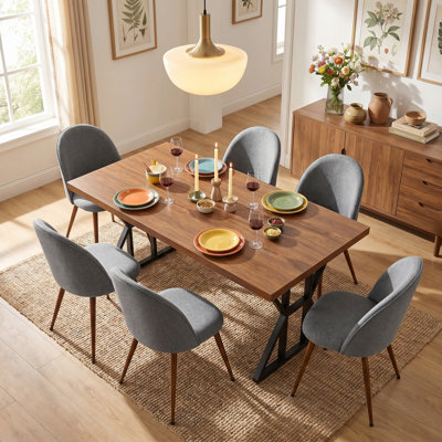 Ensemble de table de salle à manger 7 pièces avec chaises rembourrées, table rectangulaire aspect bois et base en métal 7 pièces
