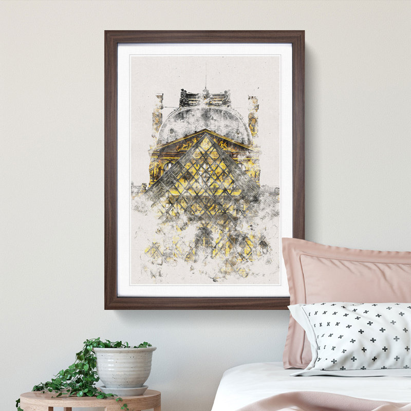 Louvre Museum in Paris France - Picture Frame Painting Print, Walnut Framed, 33cm H x 24cm W x 2cm D