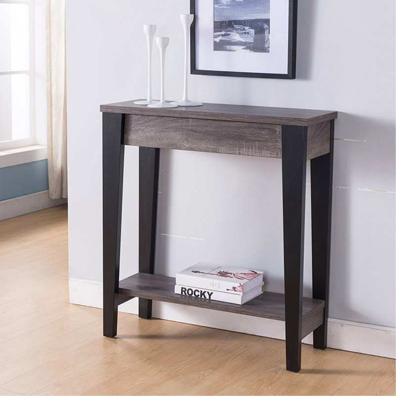 Home, console élégante, table de présentation avec tiroir et tablette inférieure en gris et noir patinés