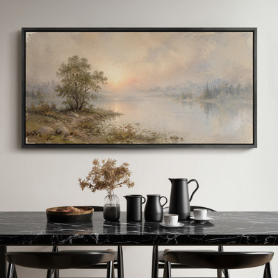 Extra Large Tranquil Sunrise Lake Landscape with Lone Tree Rocky Shore Misty Water Soft Golden Sky Print Wall Art