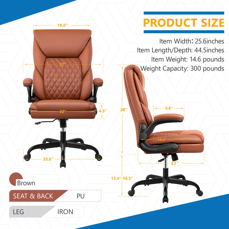 Chaise de bureau ergonomique en cuir Marama avec accoudoirs rabattables, Brun