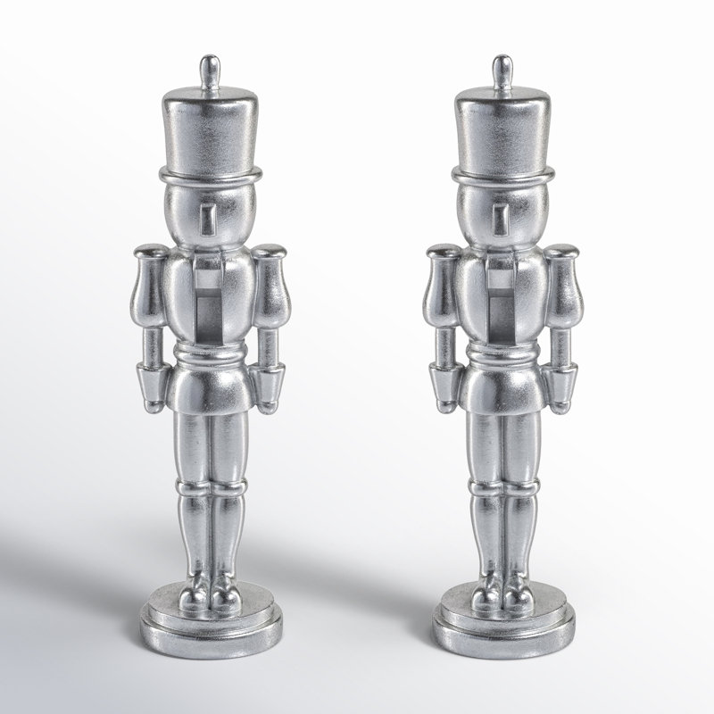 Hartwin 2-Piece Set Metallic Decorative Nutcracker Figurines, 9" H x 2.25" W x 2.25" D, Silver